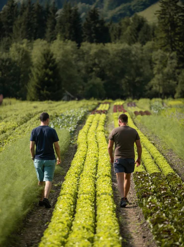 Two men walking through rows of lettuce on an organic farm with forest in background
