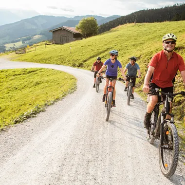 Gruppe von Radfahrern auf Mountainbikes auf einem Schotterweg durch eine idyllische Landschaft