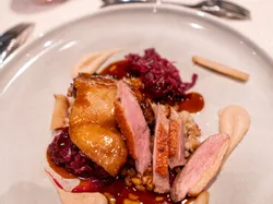 Gourmet duck breast served with red cabbage, pear puree, barley and rich brown sauce