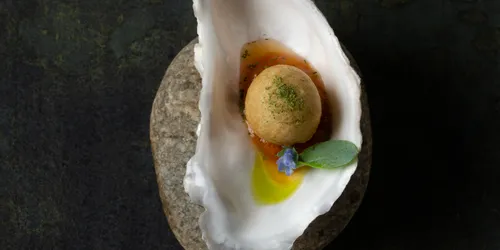 Gourmet-Vorspeise in Austernschale mit Soße, Garnitur und essbarer Blüte serviert