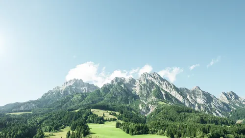 Alpengipfel mit grünen Wäldern und Wiesen unter klarem blauen Himmel