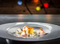 Gourmet seafood dish with raw fish, pasta garnish, and corn mousse on white plate