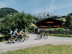 Radfahrer auf Landstraße vor Alpenhaus mit Blumenschmuck in bergiger Landschaft