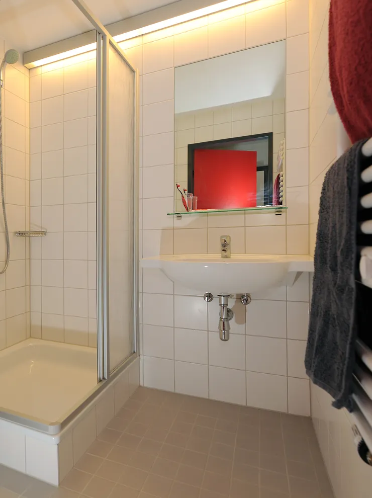 Modernes Badezimmer mit Duschkabine, Wandtoilette, Waschbecken und Handtuchheizung