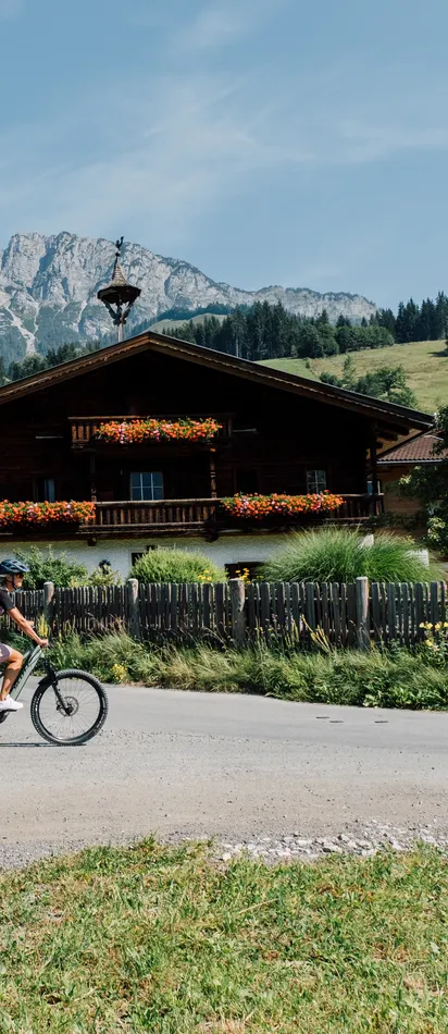 Cyclists on country road passing alpine house with flower boxes in mountain scenery