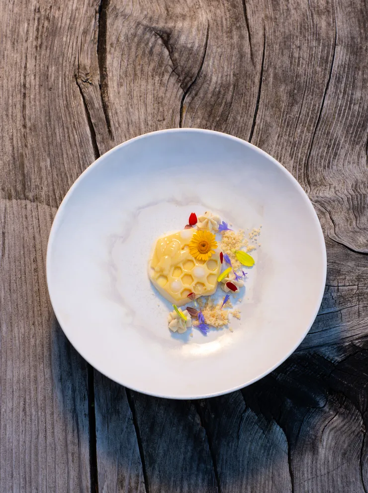 Gourmet honeycomb dessert with edible flowers on white plate over rustic wood table