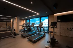 Modernes Fitnessstudio mit Cardiogeräten und Bergblick durch große Fenster