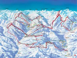 Saalbach Hinterglemm Leogang Fieberbrunn ski resort map with slopes and lift routes