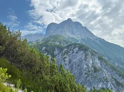 Bergwanderweg durch Alpenkiefern mit steilen Felsgipfeln unter teils bewölktem Himmel
