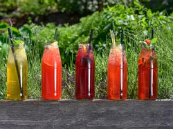 Colorful iced herbal drinks in glass bottles with straws in a garden setting