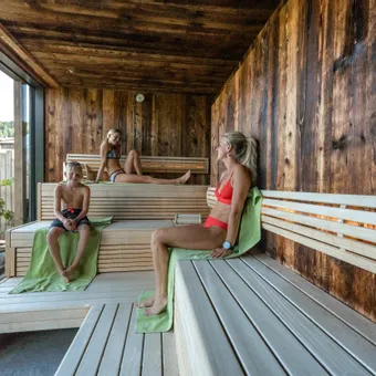 Familie in einer modernen Sauna mit Panoramablick auf die Natur