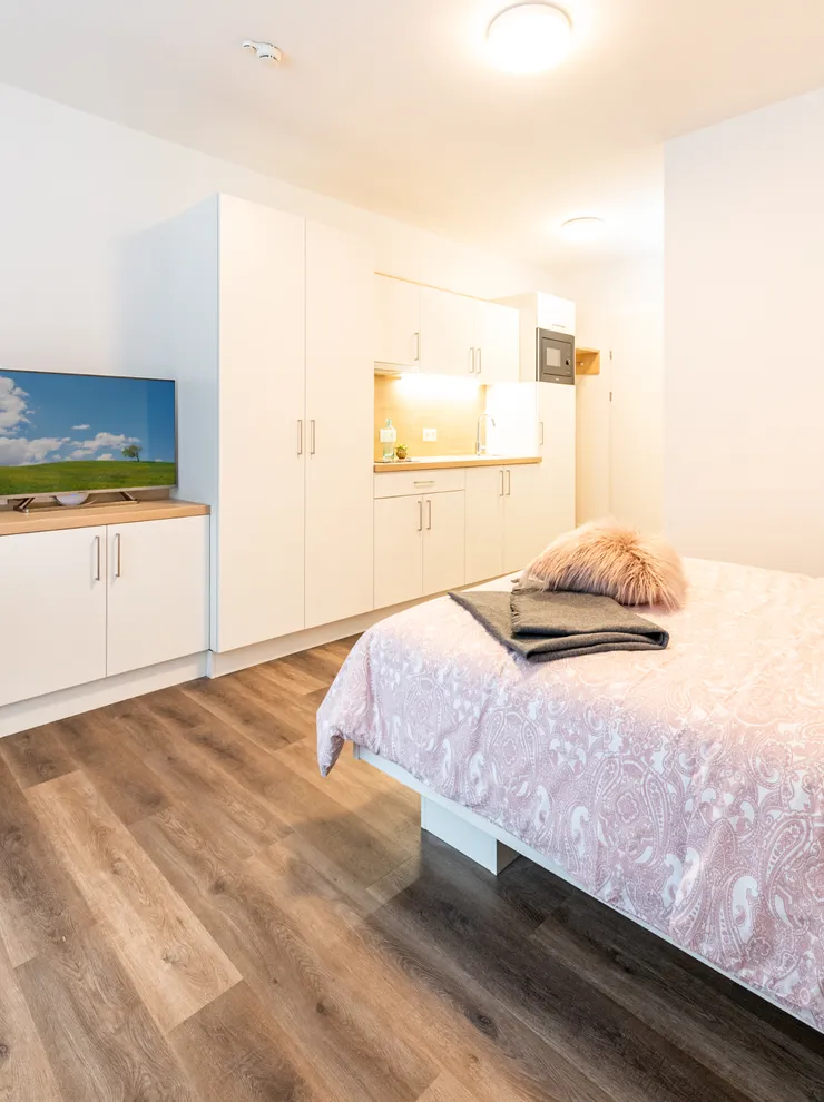 Modern studio apartment with kitchen, bed, TV, and dining area on wooden flooring