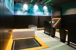 Indoor-Trampolinpark bei Riederalm mit gepolsterten Böden und Neonbeleuchtung