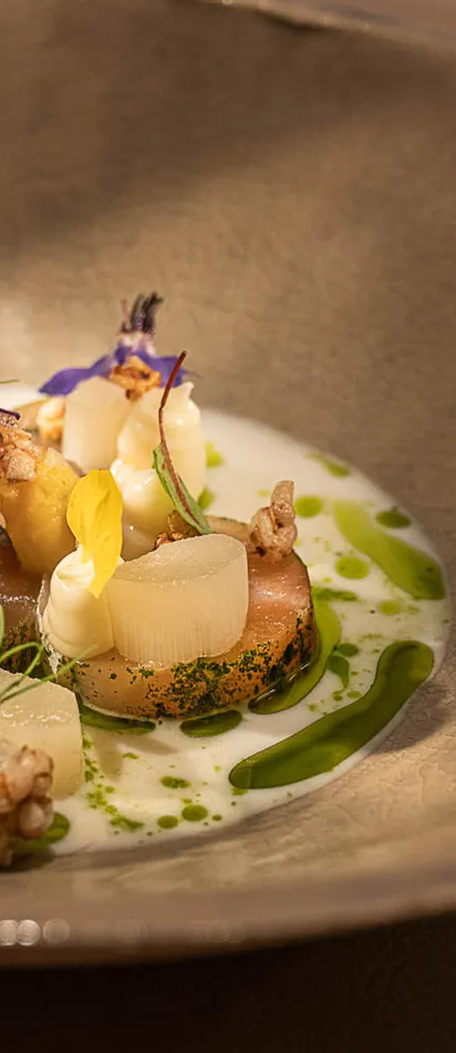 Gourmetgericht mit weißem Spargel, Mikrogrün, essbaren Blüten und grünem Kräuteröl