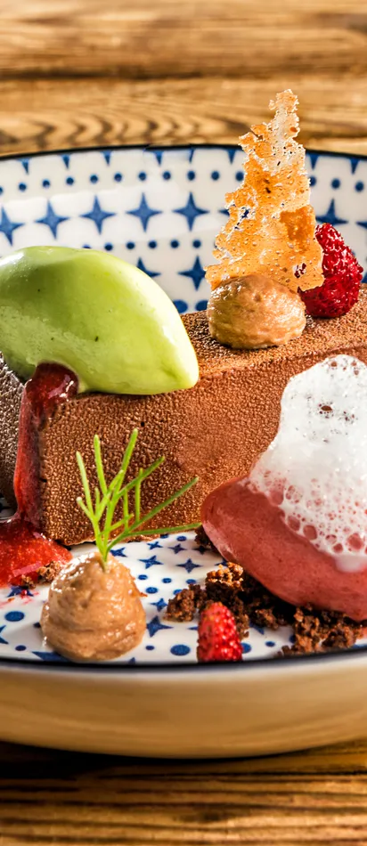 Gourmet-Schokoladenmousse mit Sorbet, Beeren und Schaum auf gemustertem Teller