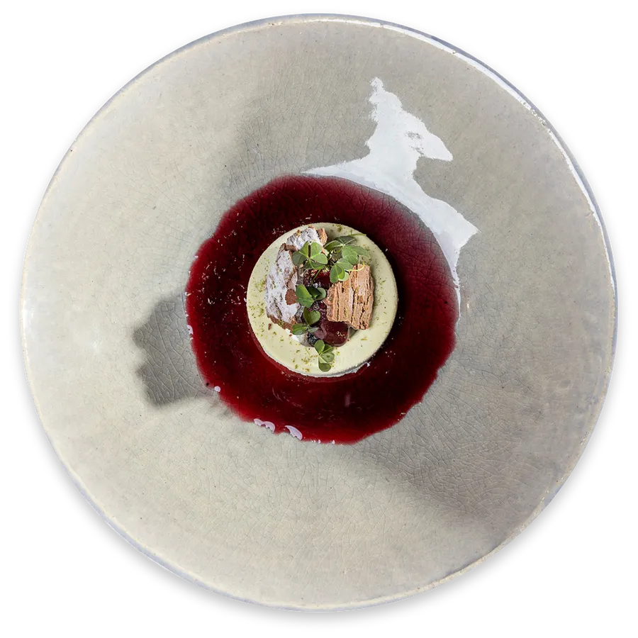 Gourmet dessert with green mousse, red berry sauce and edible garnish on ceramic plate