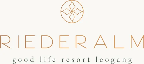 Riederalm resort logo with circular mountain flower icon and tagline good life resort Leogang
