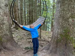 Child in blue jacket playing on round wooden swing in forest between tall trees