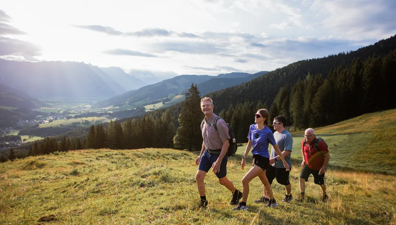 Group hiking uphill through alpine meadow with mountain valley and forest in background