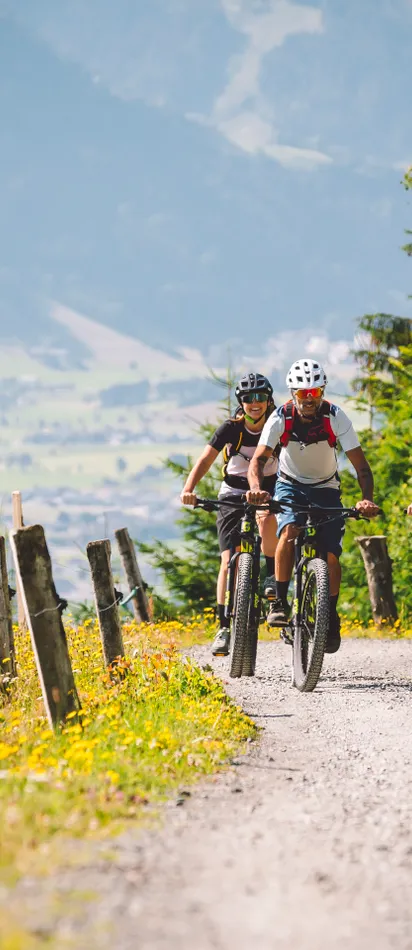 Group of cyclists mountain biking on a scenic trail through the Alps in summer
